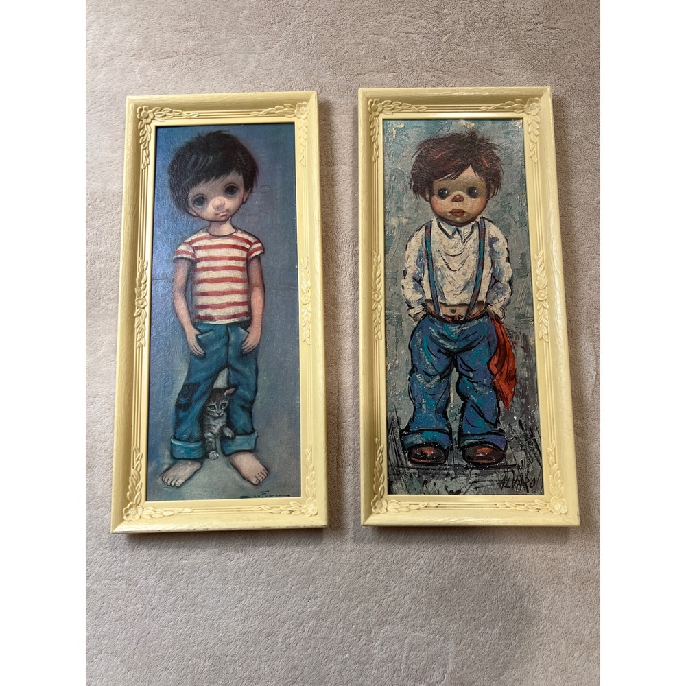 Ozz Franca Vintage Big Eye Boy Art Set 18x8 Cream Framed Alvaro and Franca MCM
